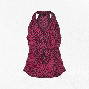 Express Red Black Animal Leopard Print Ruffle V-Neck Racerback Blouse Size Large